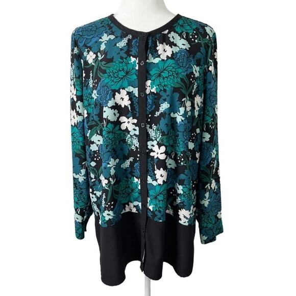 Denim & Co Women's Button Up Blouse Size L Floral Print Green & Black Tunic Top - Picture 1 of 7